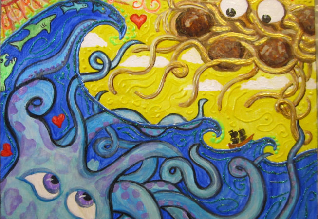 Lizm: Octopus and Flying Spaghetti Monster painting