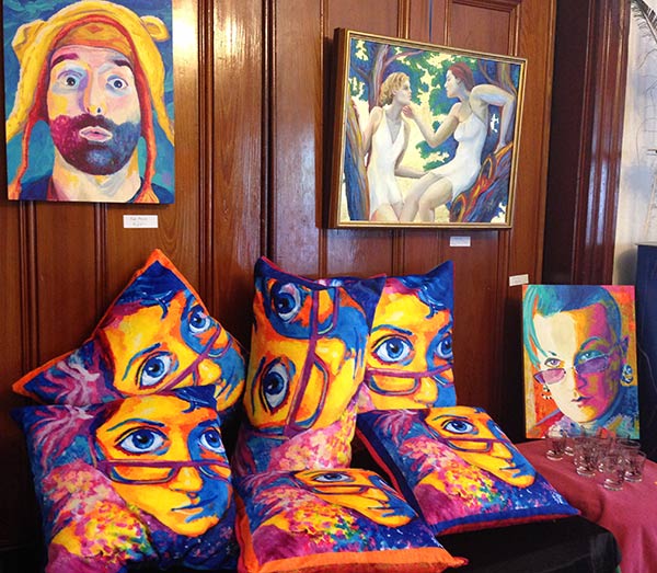 Somerville Open Studios 2015- Cutieface (Lily) pillows, portraits of Rob Potylo & Madelaine Ripley.